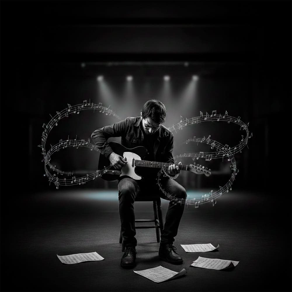 Guitarrista frustrado com improviso repetitivo